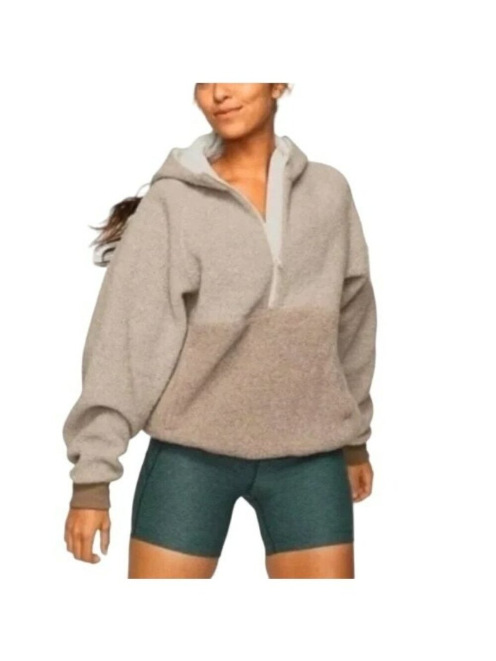 Outdoor Voices Mega Fleece Wool Brown Tan Pullover Snap Hooded Wool Sweater XS